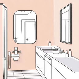 Colorful, realistic illustration of a minimalist bathroom featuring a liquid soap bottle and a mirror.