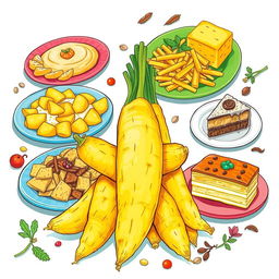 A vibrant and lively illustration depicting the culinary uses of manioc (cassava) alongside the raw ingredient itself