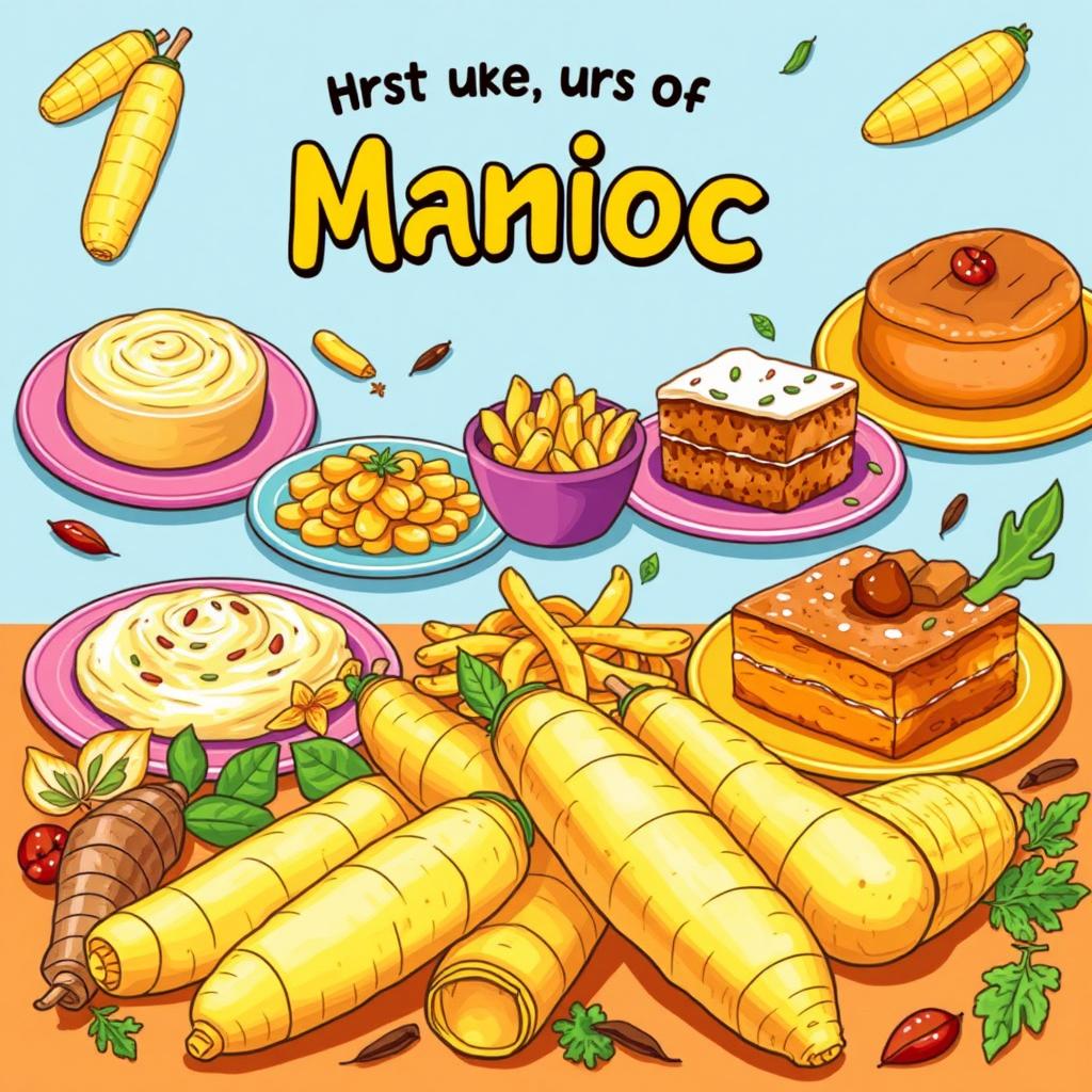 A vibrant and lively illustration depicting the culinary uses of manioc (cassava) alongside the raw ingredient itself