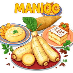 A vibrant and lively illustration depicting the culinary uses of manioc (cassava) alongside the raw ingredient itself