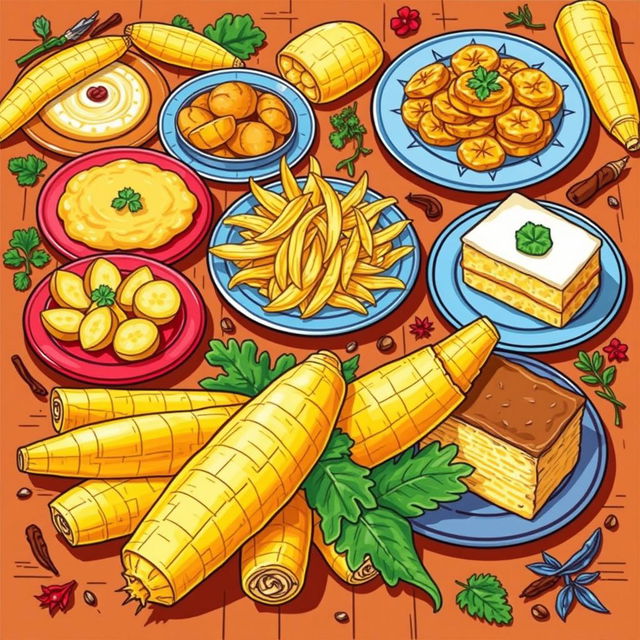 A vibrant and lively illustration depicting the culinary uses of manioc (cassava) alongside the raw ingredient itself