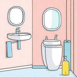 Colorful, realistic illustration of a minimalist bathroom featuring a liquid soap bottle and a mirror.