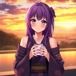 An anime girl with vibrant purple hair and striking purple eyes, wearing a beautifully detailed kimono