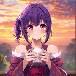 An anime girl with vibrant purple hair and striking purple eyes, wearing a beautifully detailed kimono