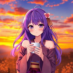 An anime girl with vibrant purple hair and striking purple eyes, wearing a beautifully detailed kimono