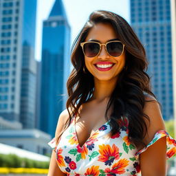 A 35-year-old Latina woman standing confidently in an urban setting