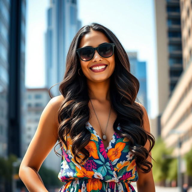 A 35-year-old Latina woman standing confidently in an urban setting