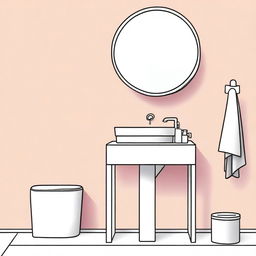 Colorful, realistic illustration of a minimalist washbasin area featuring a liquid soap bottle and a mirror.