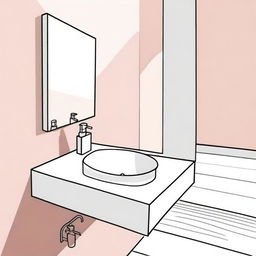 Colorful, realistic illustration of a minimalist washbasin area featuring a liquid soap bottle and a mirror.