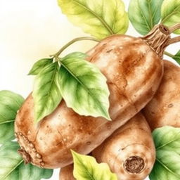 A beautiful watercolor illustration featuring brown manioc (cassava)