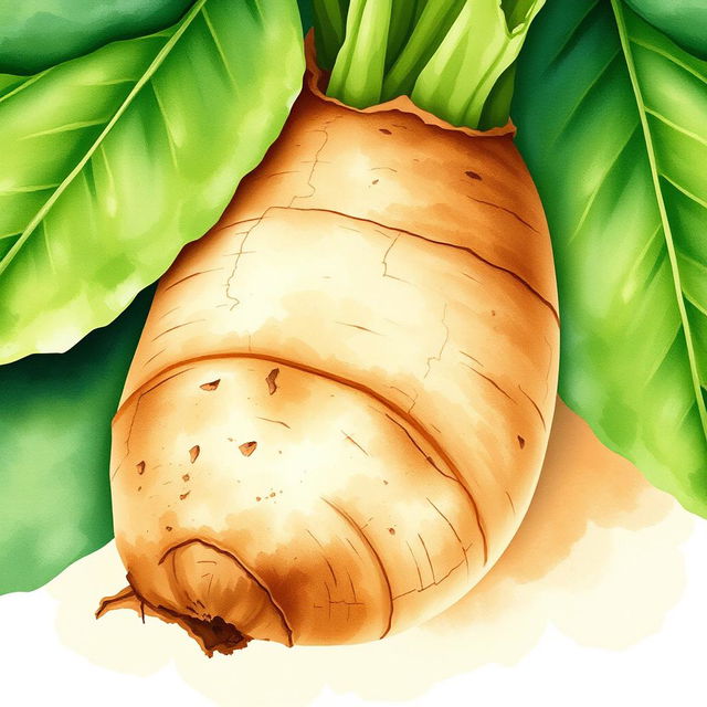 A beautiful watercolor illustration featuring brown manioc (cassava)