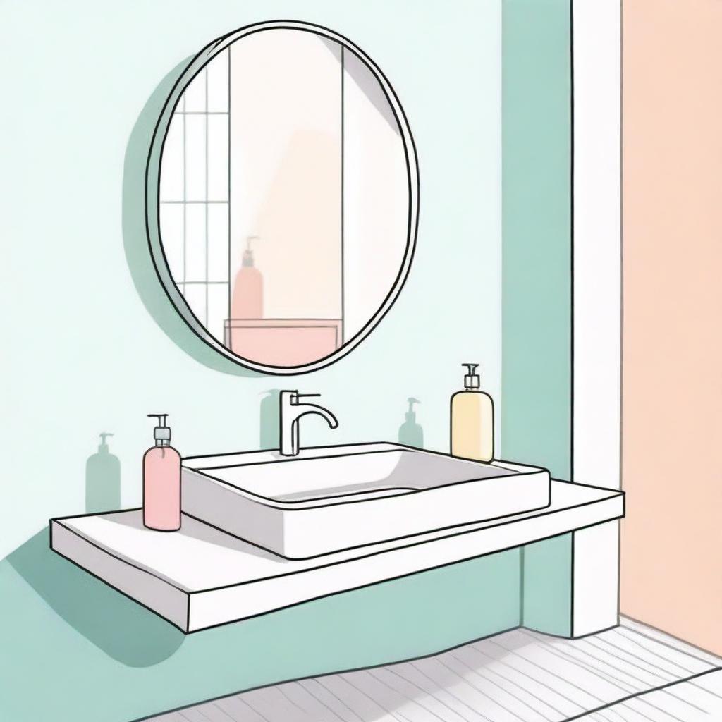 Colorful, realistic illustration of a minimalist washbasin area featuring a liquid soap bottle and a mirror.