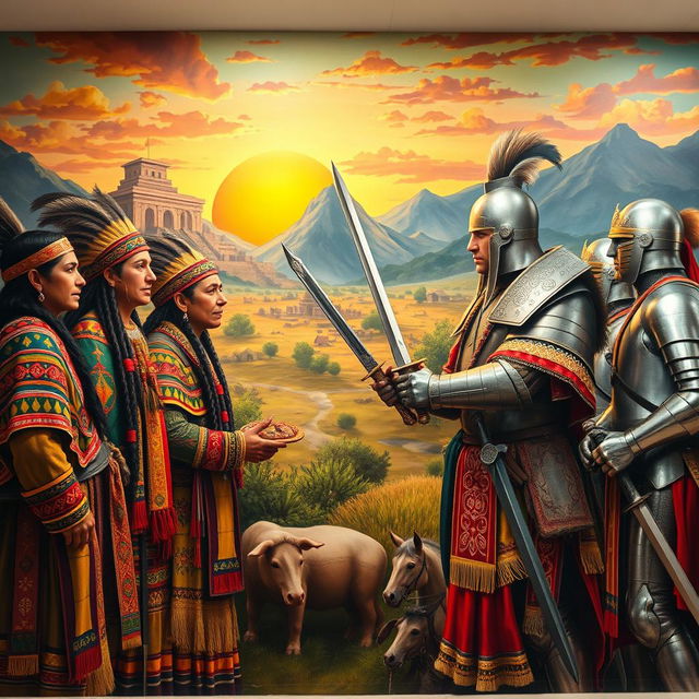 A large mural illustrating the first interaction between the Incas and Spanish conquistadors, capturing the moment of cultural exchange laden with tension