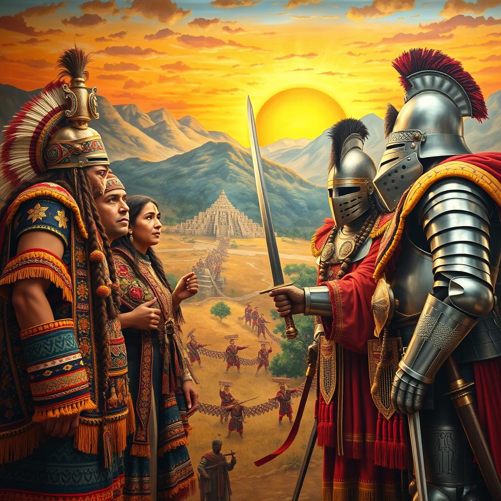 A large mural illustrating the first interaction between the Incas and Spanish conquistadors, capturing the moment of cultural exchange laden with tension