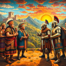 A large mural illustrating the first interaction between the Incas and Spanish conquistadors, capturing the moment of cultural exchange laden with tension