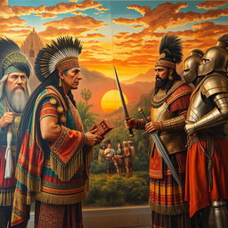 A large mural illustrating the first interaction between the Incas and Spanish conquistadors, capturing the moment of cultural exchange laden with tension