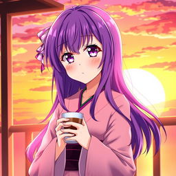 An anime girl wearing a beautiful kimono, her striking purple hair cascading down her shoulders, and matching purple eyes sparkling in the warm light of a sunset