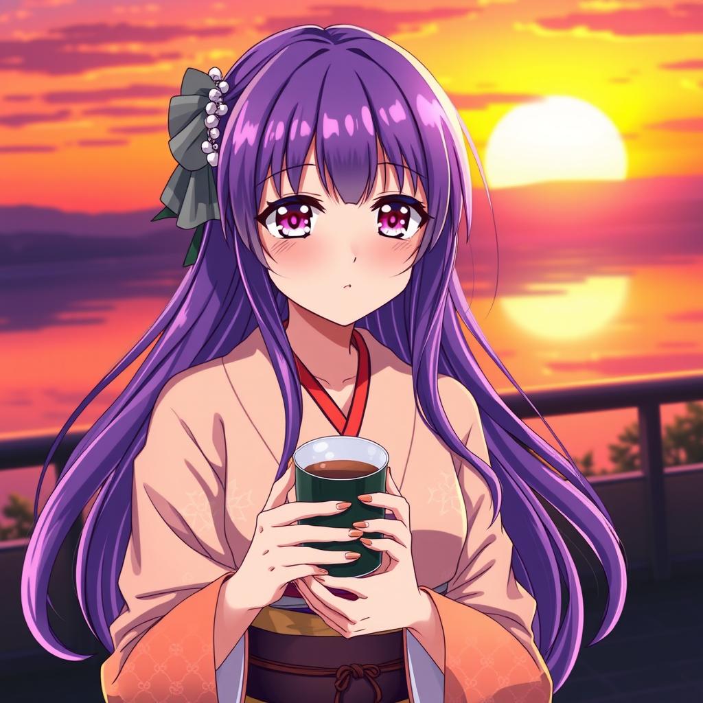 An anime girl wearing a beautiful kimono, her striking purple hair cascading down her shoulders, and matching purple eyes sparkling in the warm light of a sunset