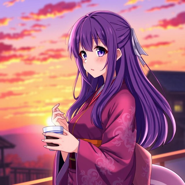 An anime girl wearing a beautiful kimono, her striking purple hair cascading down her shoulders, and matching purple eyes sparkling in the warm light of a sunset