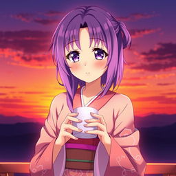 An anime girl wearing a beautiful kimono, her striking purple hair cascading down her shoulders, and matching purple eyes sparkling in the warm light of a sunset