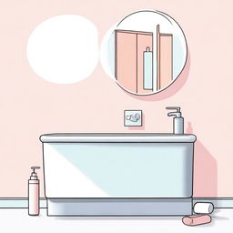 Colorful, realistic illustration of a minimalist washbasin area featuring a liquid soap bottle and a mirror.