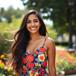 A 35-year-old Latina woman with long, flowing dark hair and a radiant smile