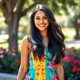 A 35-year-old Latina woman with long, flowing dark hair and a radiant smile