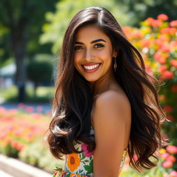 A 35-year-old Latina woman with long, flowing dark hair and a radiant smile