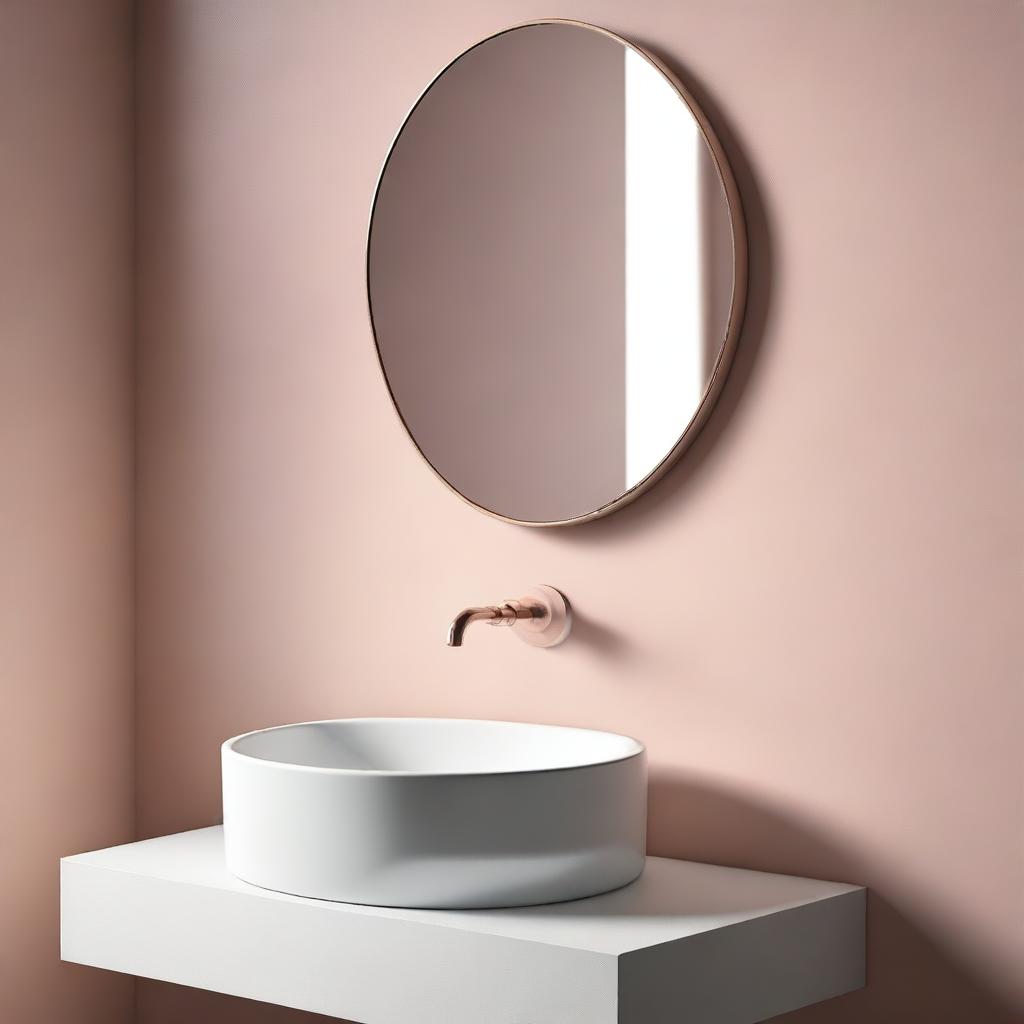 Photorealistic, minimalist color image of a washbasin area featuring a liquid soap bottle and a mirror.