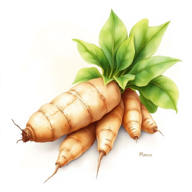 A delicate watercolor illustration showcasing the beauty of manioc (cassava)