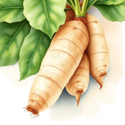 A delicate watercolor illustration showcasing the beauty of manioc (cassava)