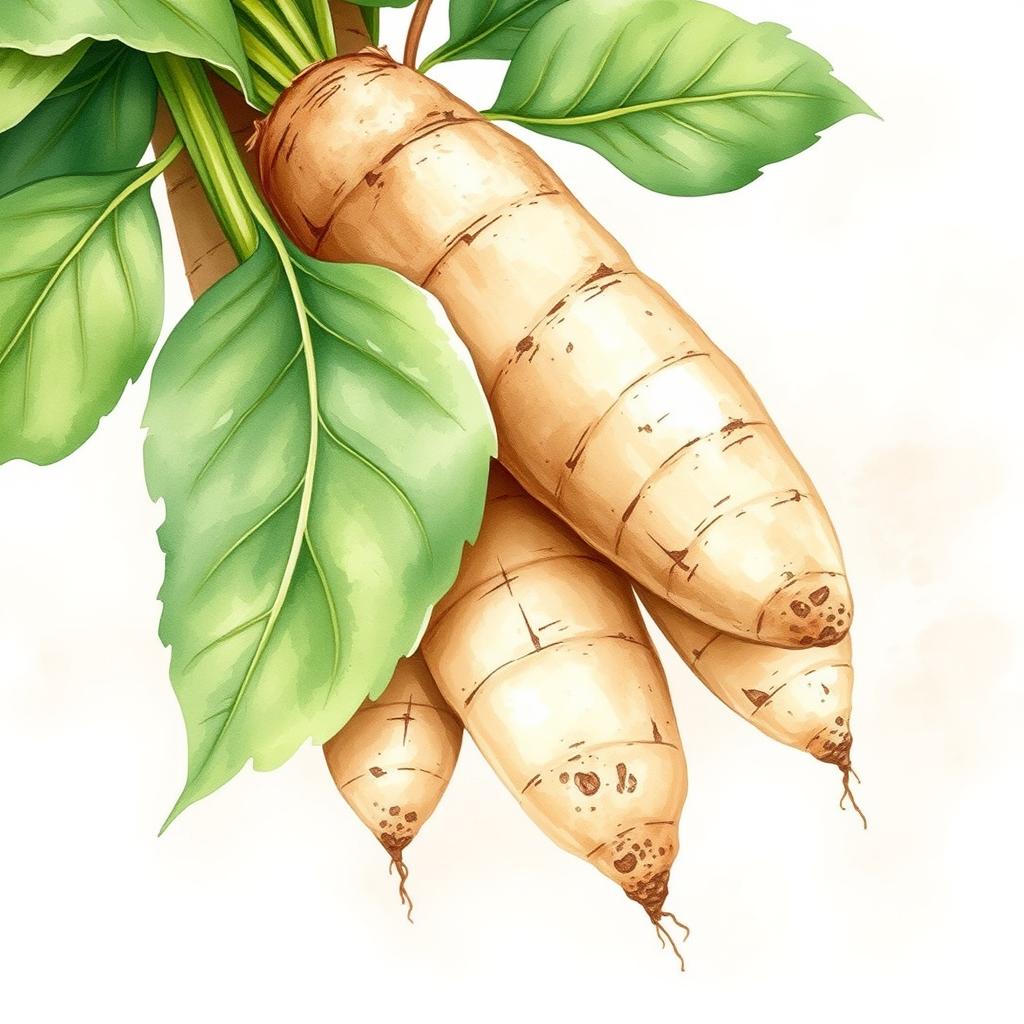 A delicate watercolor illustration showcasing the beauty of manioc (cassava)