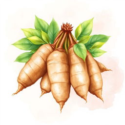 A charming watercolor illustration of manioc (cassava) highlighting its natural beauty