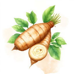 A charming watercolor illustration of manioc (cassava) highlighting its natural beauty