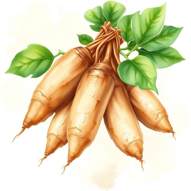 A charming watercolor illustration of manioc (cassava) highlighting its natural beauty