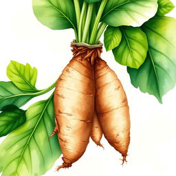 A charming watercolor illustration of manioc (cassava) highlighting its natural beauty