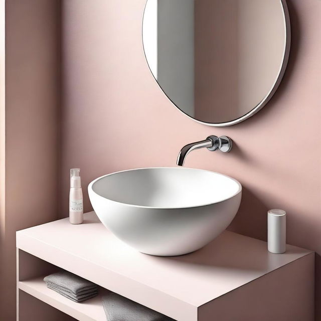 Photorealistic, minimalist color image of a washbasin area featuring a liquid soap bottle and a mirror.