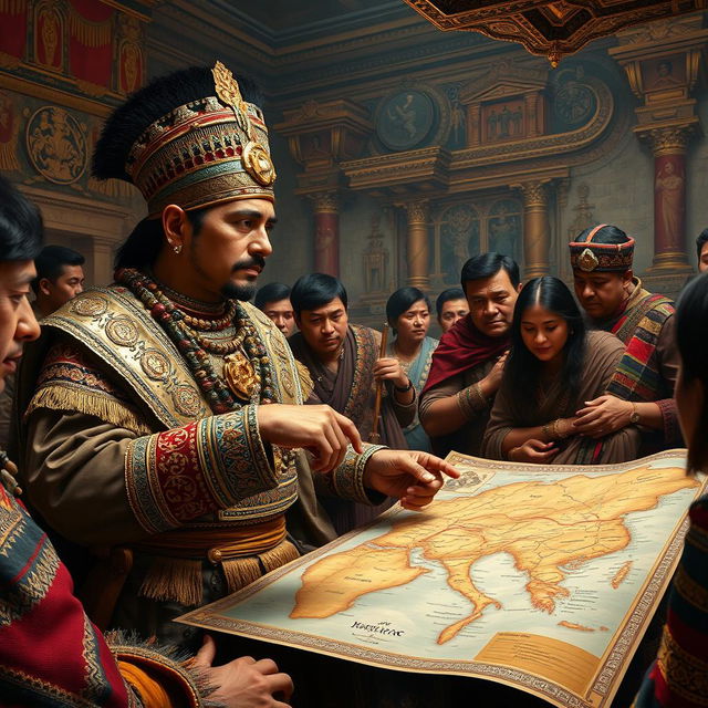 An evocative scene depicting Huayna Cápac, the great Inca emperor, intently studying a detailed map of his expanding empire