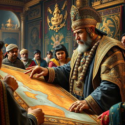 An evocative scene depicting Huayna Cápac, the great Inca emperor, intently studying a detailed map of his expanding empire