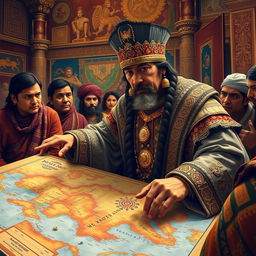 An evocative scene depicting Huayna Cápac, the great Inca emperor, intently studying a detailed map of his expanding empire