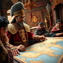 An evocative scene depicting Huayna Cápac, the great Inca emperor, intently studying a detailed map of his expanding empire