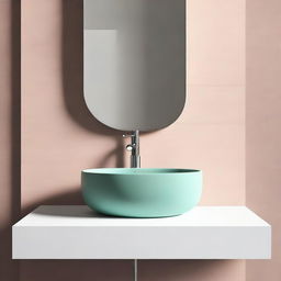 Photorealistic, minimalist color image of a washbasin area featuring a liquid soap bottle and a mirror.