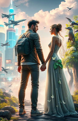 A beautifully imagined scene of two lovers from opposite worlds, standing together in a fantastical setting