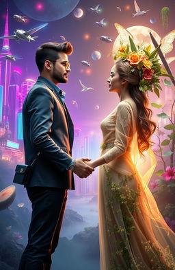 A beautifully imagined scene of two lovers from opposite worlds, standing together in a fantastical setting