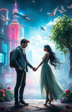 A beautifully imagined scene of two lovers from opposite worlds, standing together in a fantastical setting