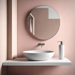 Photorealistic, minimalist color image of a washbasin area featuring a liquid soap bottle and a mirror.