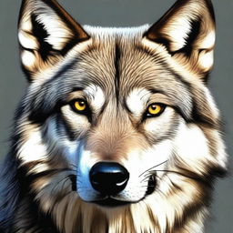 A hyper-realistic face of a wolf, showing detailed fur texture, piercing eyes, and sharp teeth.