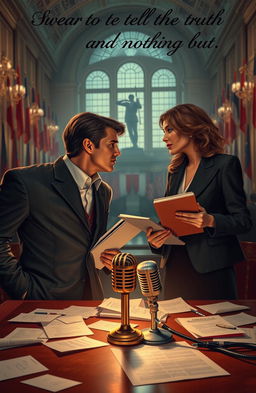 A romantic and dramatic political scene depicting a couple in a tense moment, surrounded by a backdrop of a bustling city hall with flags and banners