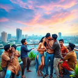 A vibrant terrace scene in Gurgaon Cyber City, featuring a charming young Indian woman exuding confidence and allure