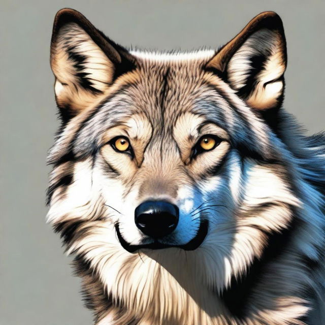 A hyper-realistic face of a wolf, showing detailed fur texture, piercing eyes, and sharp teeth.